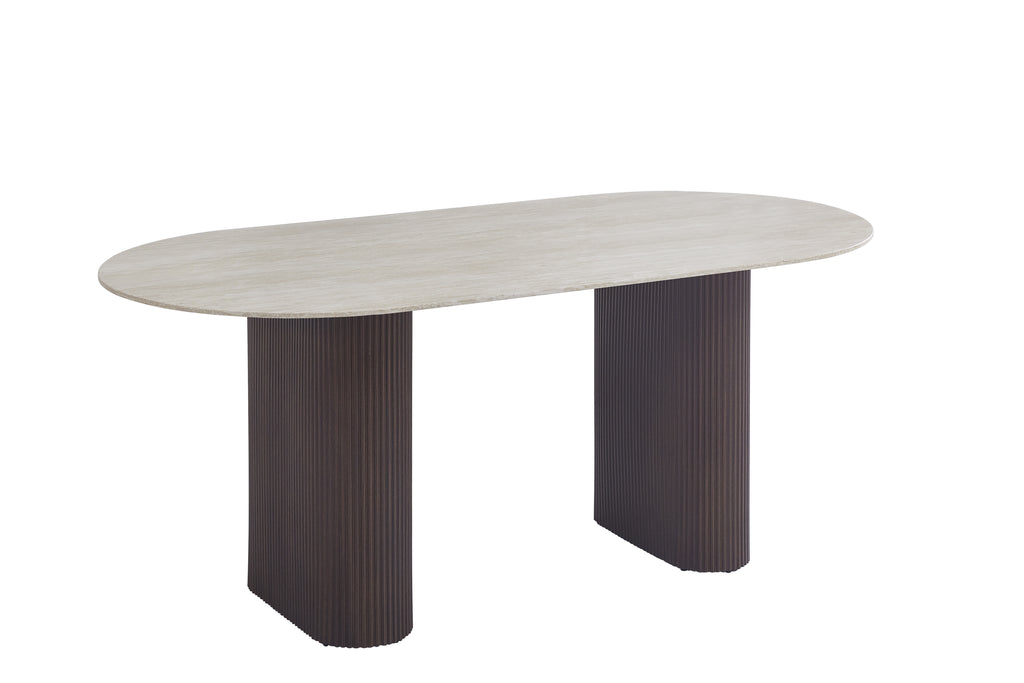 Table à manger ROXY – Pied métal effet noyer & plateau céramique effet travertin mat