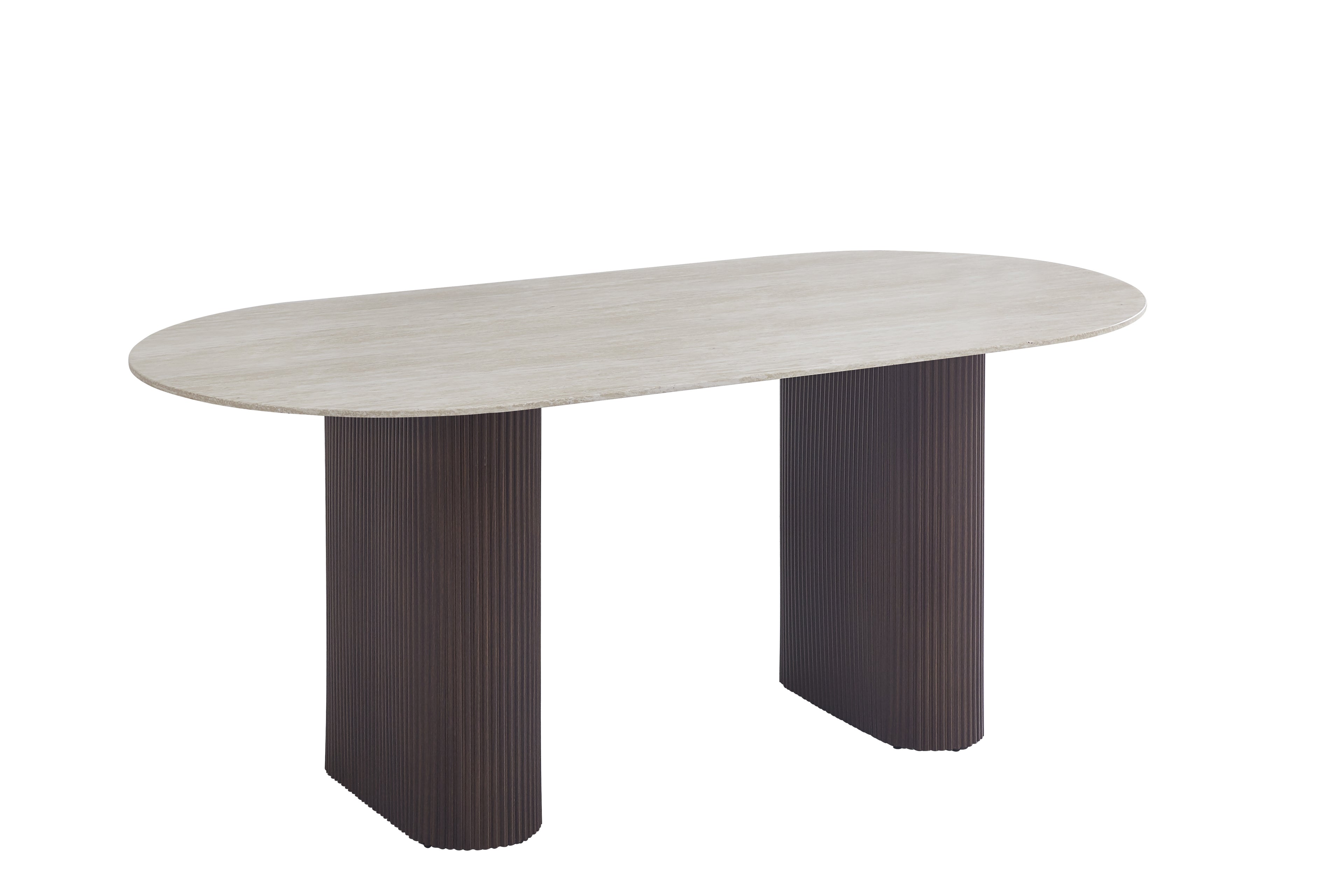 Table à manger ROXY – Pied métal effet noyer & plateau céramique effet travertin mat