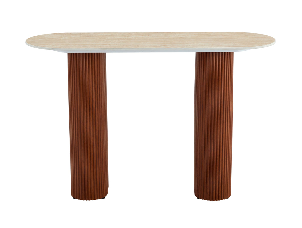 Console ROXY – Pieds effet noyer & Plateau céramique travertin